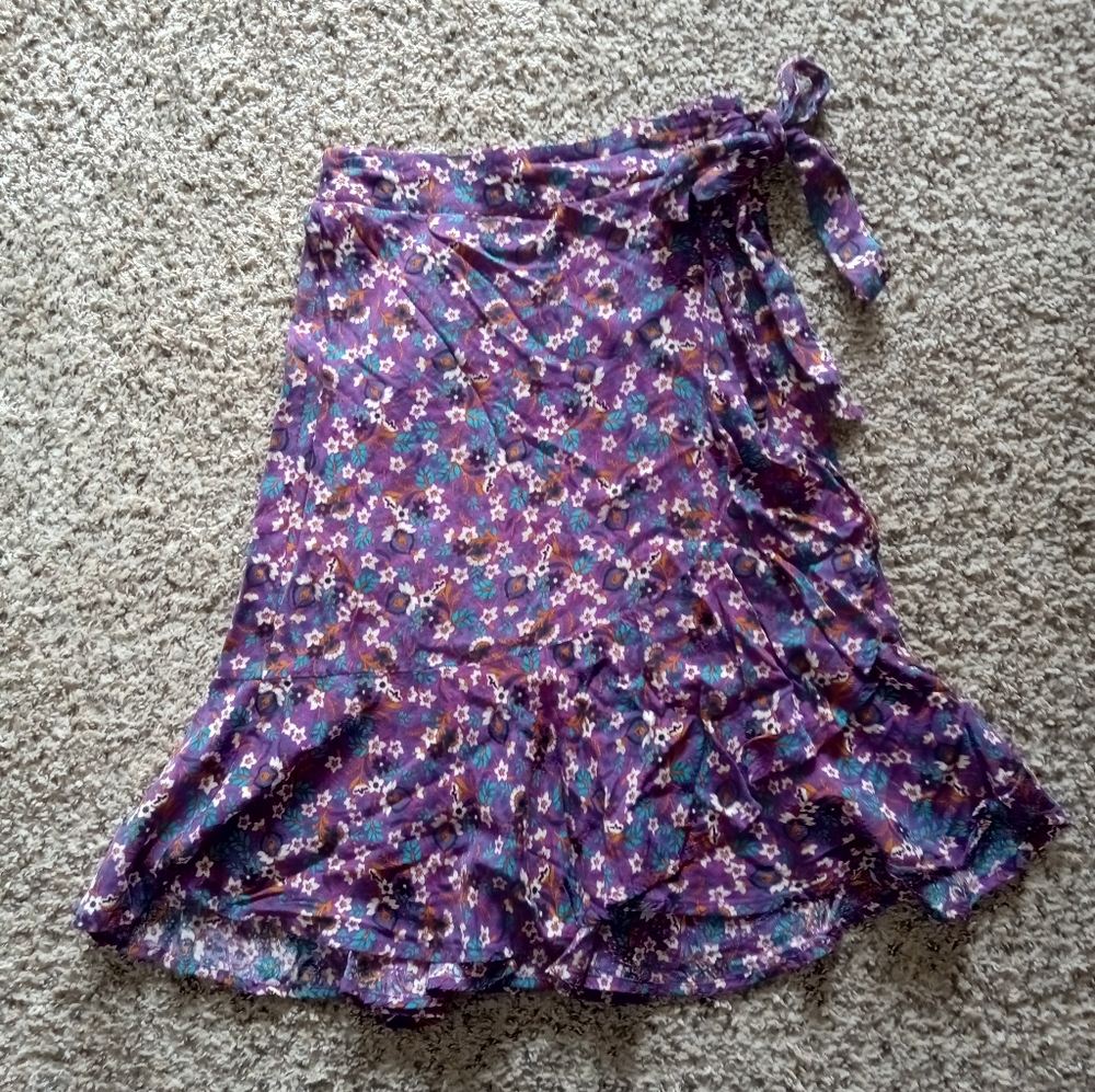 Free People Women's Linaelle Wrap Midi Skirt Ruffled Floral Purple Size Small - Picture 2 of 8